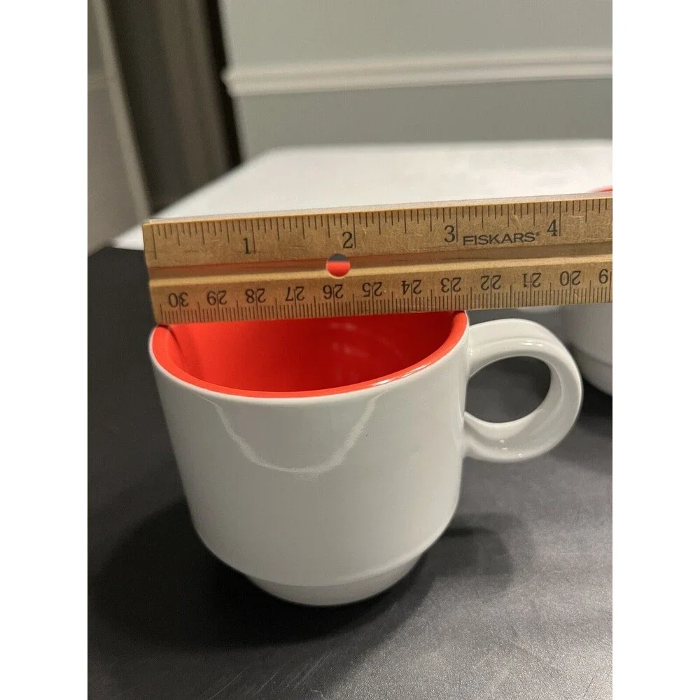 Set of 6 Crate & Barrel Stoneware Red White Stackable Coffee Mug Cups